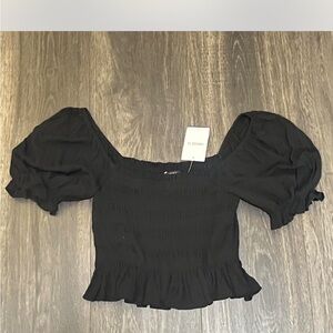 Forever 21 Black Smocked Puff Sleeve Blouse